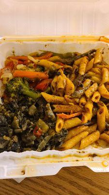 Rasta pasta, greens, mixed veggies.