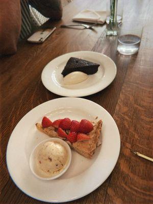 Strawberry frangipane tart with House roasted almond ice cream and chocolate nemesis with crème fraîche