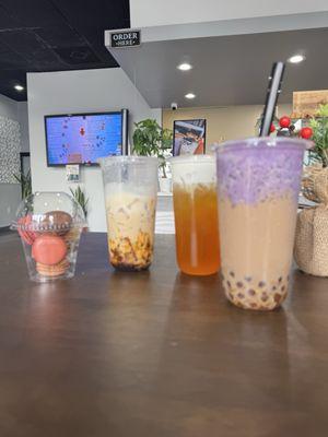 Left, Monster Boba Latte w/ coffee jelly Middle, Peach Tea w/ Vanilla Foam  Right, Ube Expresso w/ Golden Boba