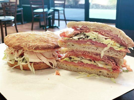 Our two most popular sandwiches. The Club (left) and the Salvation (right)