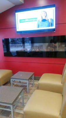 Lounge seating in Wendy's with a fire place! SWEET