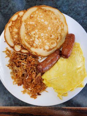 "Big Breakfast" Special - Pancakes, scrambled eggs, sausage and hashbrowns