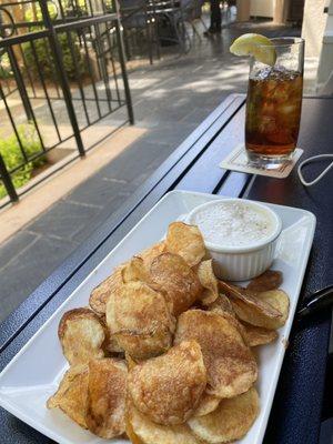 House chips and caramelized onion dip - really tasty  Ice tea