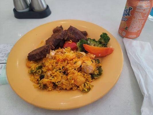 My lunch, Roast Beef, Seafood fried rice w/ Broccoli and Carrots. Orange Sunkist on the side.