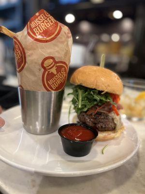 The Italian Job burger, seated at the bar