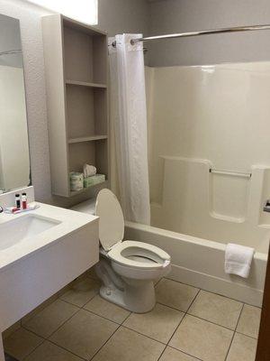 Bathroom was decent size.  Note the shelving on the wall to keep the sink area clear.