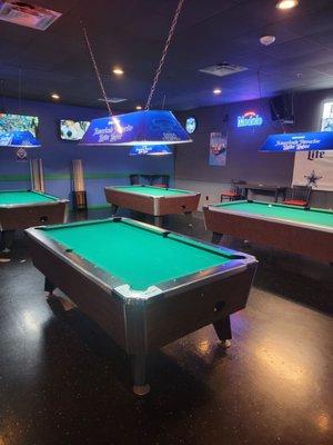 4 pool tables, with plenty of room.