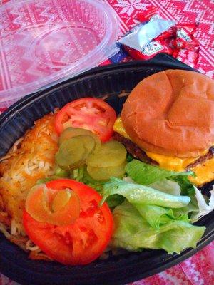 Double cheeseburger and hash browns