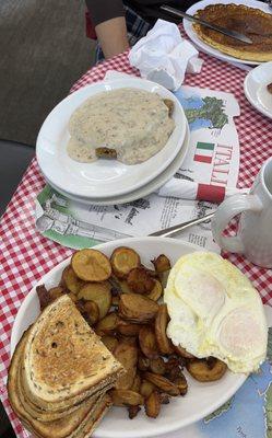 countryfried steak, rye bread, home fries