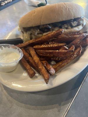 Philly Cheese with sweet potato fries