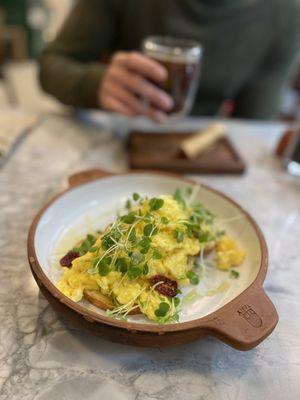 Scramble Eggs on Brioche with Cream Cheese and Green Onions