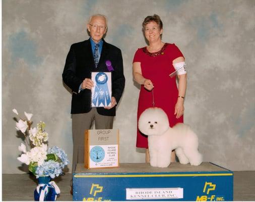 Ann-Marie and Topper pose with Judge DiNardo after winning the Non-Sporting Group.