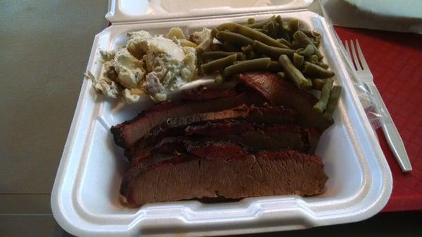 One meat plate with 2 sides. Brisket, green beans, and potato cassarole.