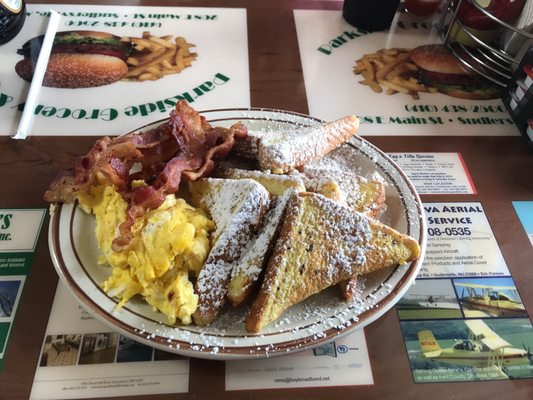 French toast with two eggs and bacon oh boy!!