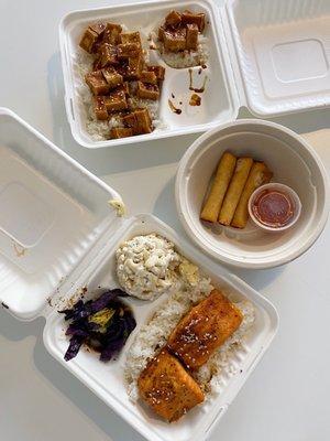 Teriyaki Tofu + Teriyaki Salmon + Lumpia