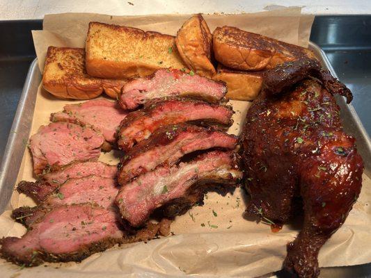 3 meat combo with smoked chicken, pork baby ribs, tri tip