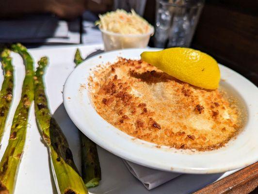 Baked Scallops. $34. Sea scallops, butter and bread crumbs. I chose grilled asparagus and coleslaw as my sides.