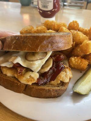 Chicken, mushroom & swiss melt on rye.