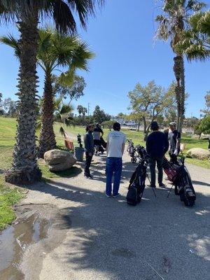 Waiting in line for hole 1.