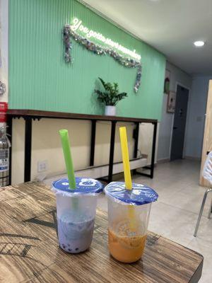 Taro Milk Tea with tapioca pearls and Thai Milk Tea with milk pudding