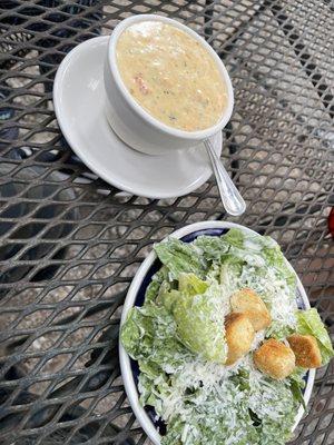 Seafood bisque and salad.