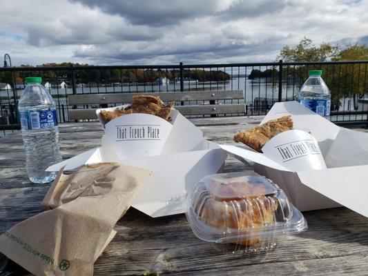 Savory GF crepes and kouign-amann (Queen Amann) pastry by the lake.