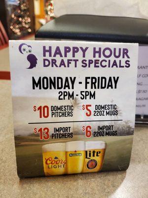 Happy Hour Draft Specials Menu.