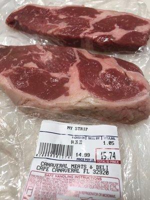 2 crappy gristle-laden "New York Strips" .. for $14.99 per pound.   This pic says it all.   They should be ashamed.