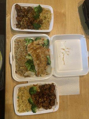 Orange chicken, general tsos chicken and teriyaki chicken.