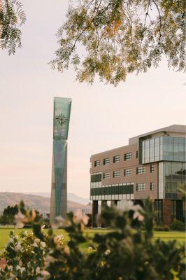 The clock tower and Holland Centennial Commons building.