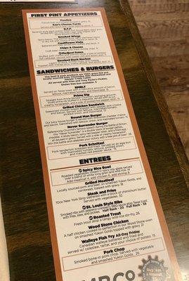 Appetizers, sandwiches/burgers, and entrees menu