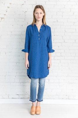 Classic Shirt Dress w/button front placket, 3/4 cuffed sleeves, and shirttail hem by Studio 412 in French Blue Italian linen.