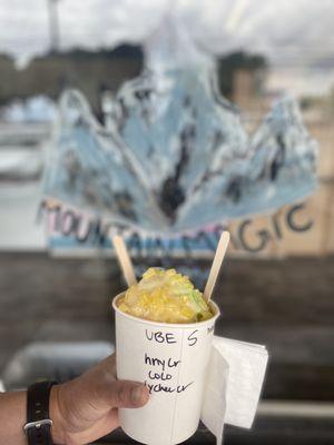 Large shaved ice with ube ice cream, honey cream, coconut flavor, lychee cream, condensed milk, and mango jelly. So yummy!!!