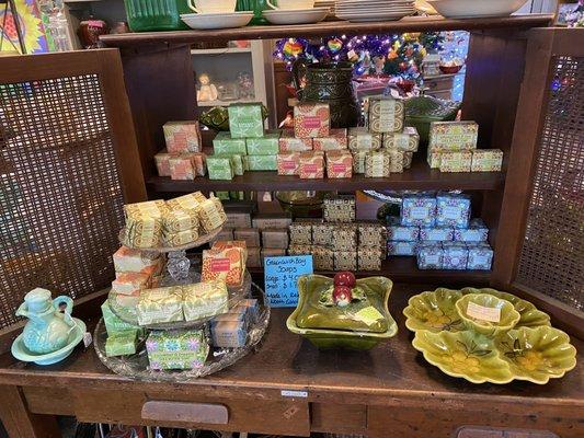 Cute gift shop with vintage housewares, soaps, Christmas items.