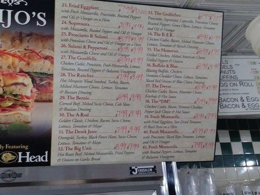 Menu of specialty sandwiches