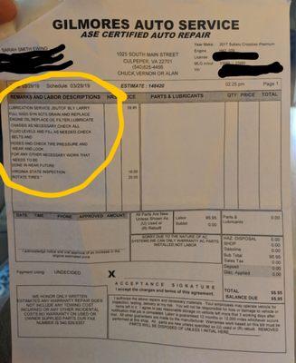 My invoice from Gilmore's when I had my oil change and inspection. All fluid levels were checked. Evidence of my radiator cap being removed.