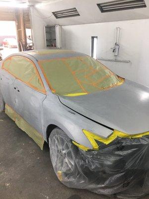 Nissan Altima prep, masked and ready to be painted