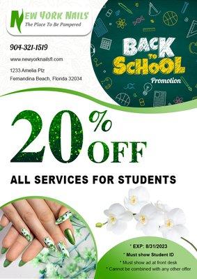 BACK TO SCHOOL SPECIAL
https://newyorknailsfl.com/
Address: 1233 Amelia Plz
Fernandina Beach, Florida 32034
Phone: 904-321-1519