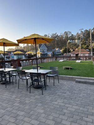 Outside seating area with corn hole!