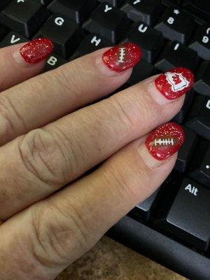 My fall 2024 nails. Kansas City Chiefs football.Pic taken 6 weeks after nails were done.