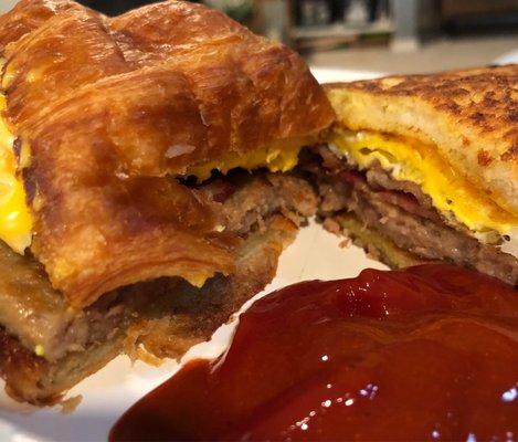 Croissant and French toast breakfast sandwiches