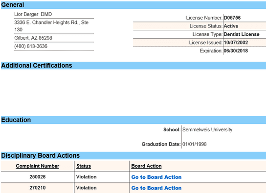 Dr. Lior Berger has two complaints with the AZ Board of Dental Examiners where he was found guilty of "Unprofessional Conduct".