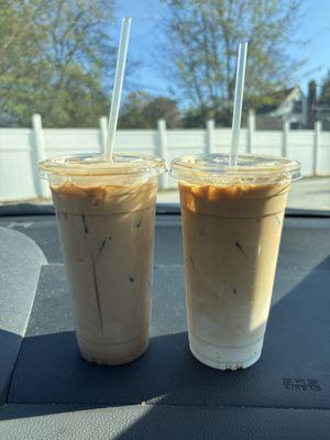 white chocolate mocha latte (left) iced latte (right)