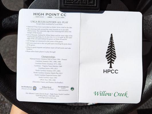 New scorecards at Willow Creek using the Emerywood tree logo. Looks like this logo will be used across HPCC golf from now on. Local rules