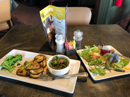 This is what $17.08 plus tip looks like - overcooked, lack of taste, Steamed Broccol, Grilled Zucchini, Southern Green Beans, limp beets.