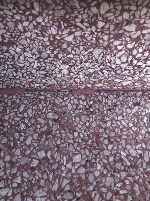 Closer look shows dark cavities in the stone work which should have been grouted all throughout the entire terrazzo stairs .