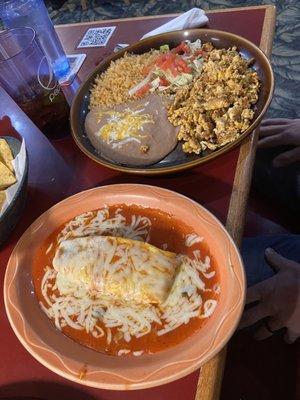 Chorizo con huevos (back) and Chile relleno (front)