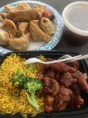 General tso chicken, fried rice, fried wontons, egg roll, hot sour soup