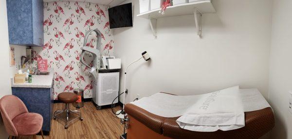 The office has been remodeled.  Don't let it fool you, Anzaldo is still a fabulous OB/GYN. I present,  the"Flamingo Room."