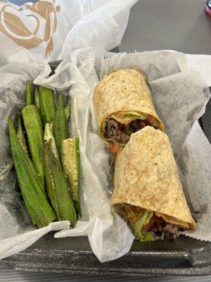 Build your own burger wrap (lettuce, tomato, Thousand Island dressing & sautéed okra